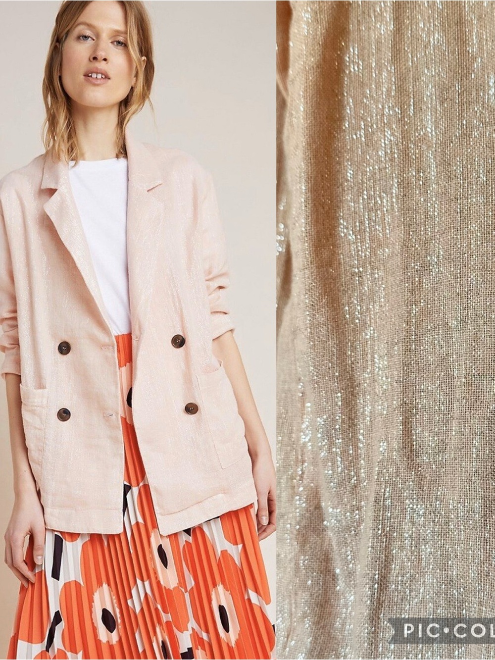 Amadi for Anthropologie Kaye Pale Blush Silver Metallic Linen Blazer size small